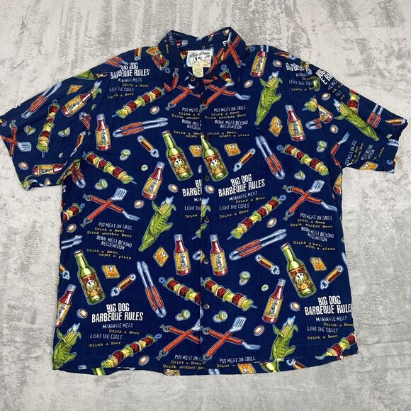 Big Dogs Blue Mens Barbeque Button Front Shirt Large Tropical All Over Print VTG - Picture 2 of 8